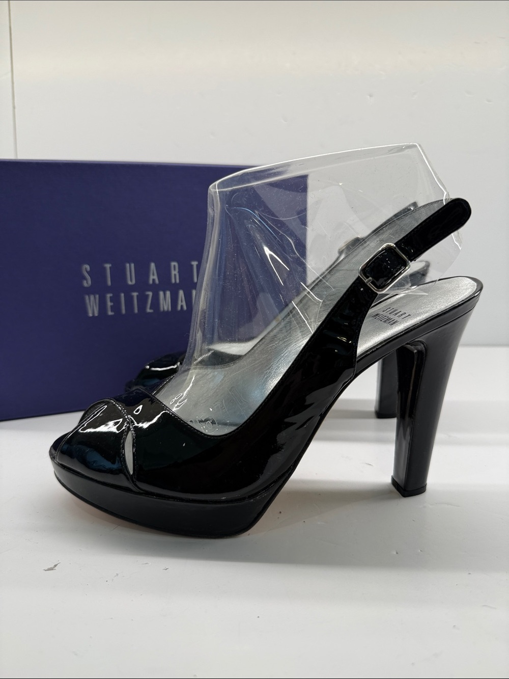 Stuart Weitzman Black Patent Peep-Toe Slingback Heels